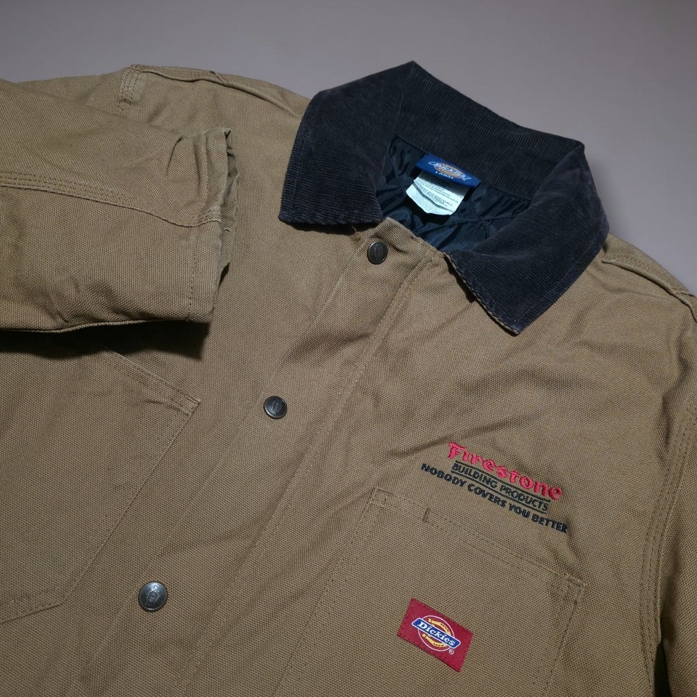 Dickies Mens Large Duck Canvas Chore Coat Brown‎ Corduroy Collar Embroidered New